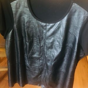 Black faux leather and fabric t-shirt